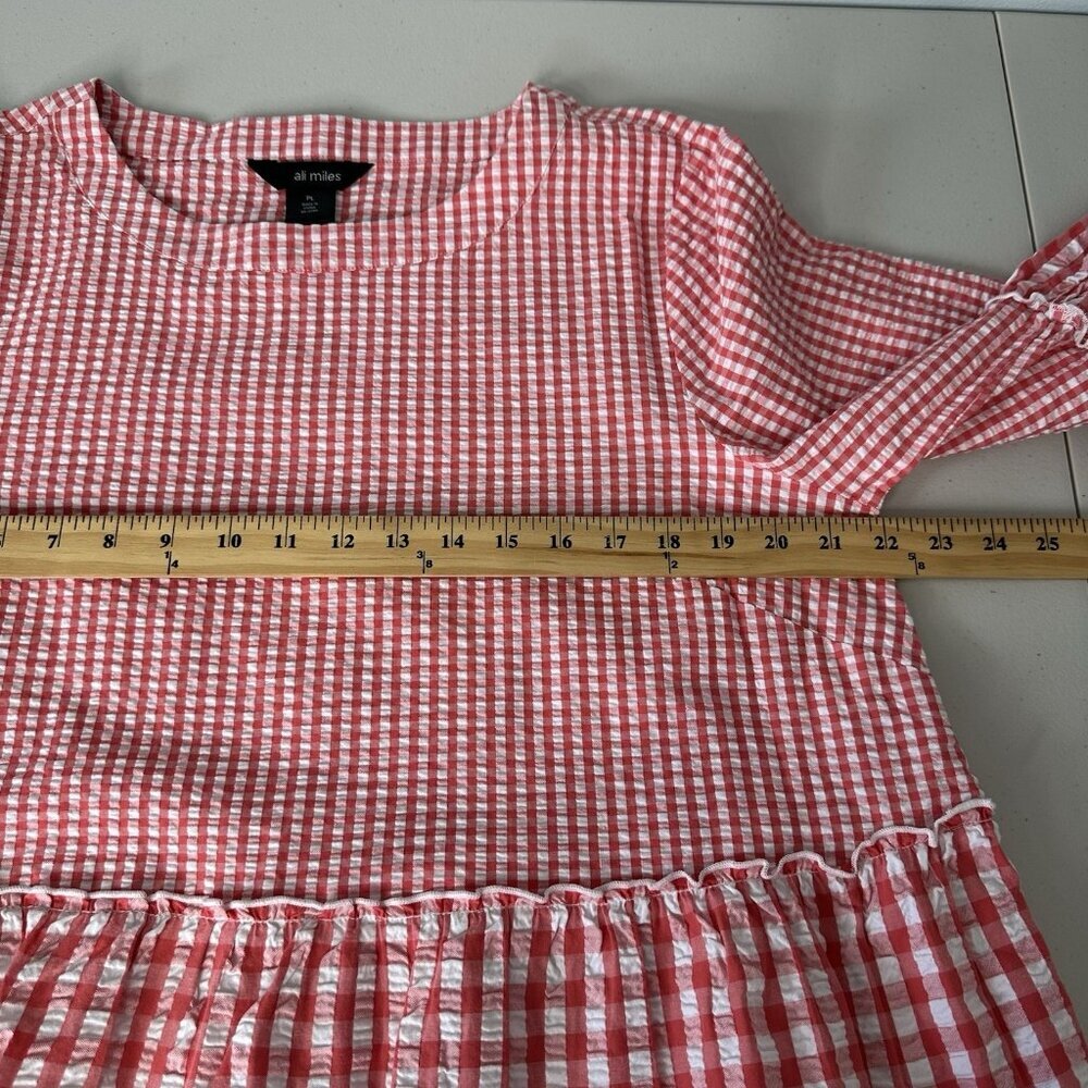 Ali Miles Gingham Ruffle Top Size L Petite Coral White - Picture 7 of 9